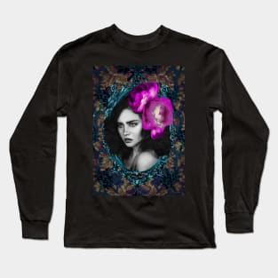 Bright Magenta Flower Girl Portrait Modern Art Contemporary Artwork Long Sleeve T-Shirt